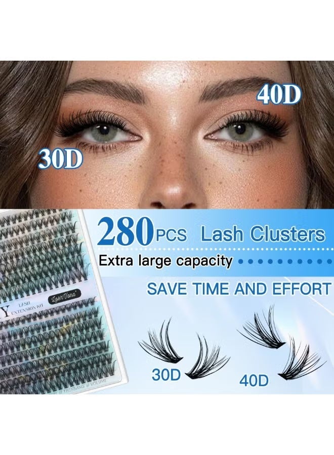 lashvana 280 قطعة رموش صناعية، مجموعة تمديد رموش افعلها بنفسك، مجموعات رموش فردية مع لاصق رموش، مزيل رموش ومطبق، مجموعة تمديد رموش، سهلة التطبيق في المنزل (مجموعة 30D+40D) - Image 1