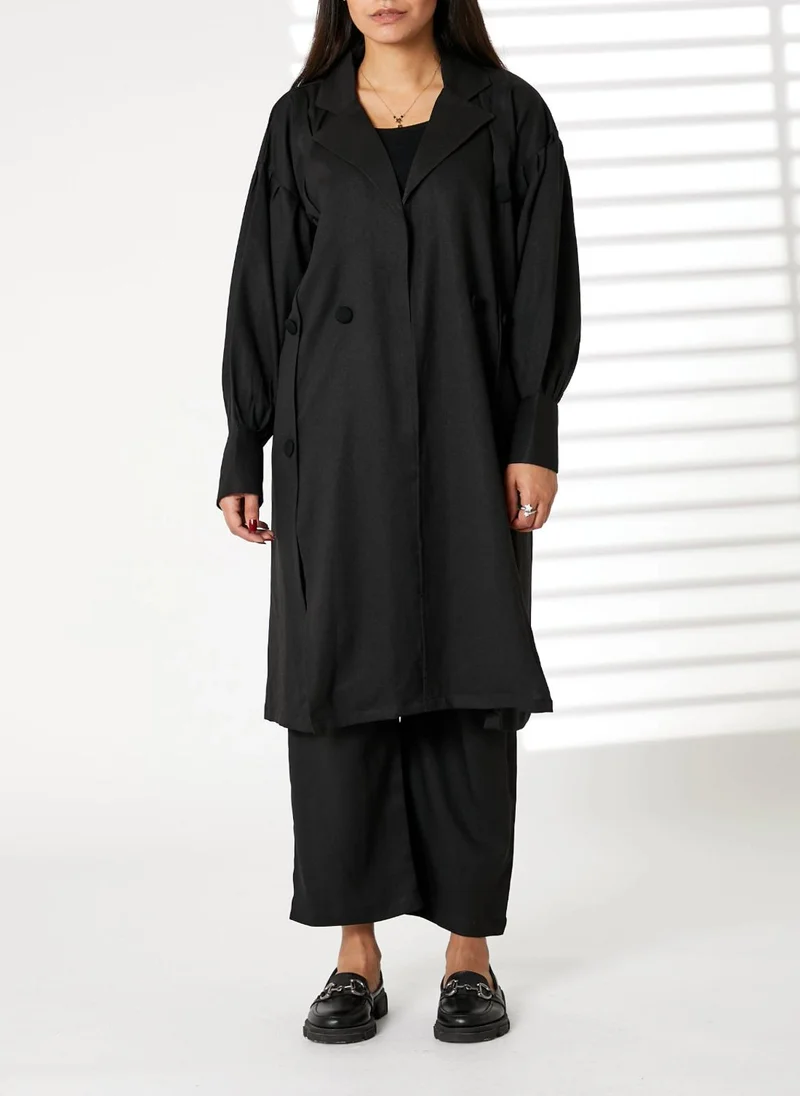 Moistreet  MOiSTREET Black Mid Length Barbie Crepe Trench Coat Set for Women | Best Price UAE