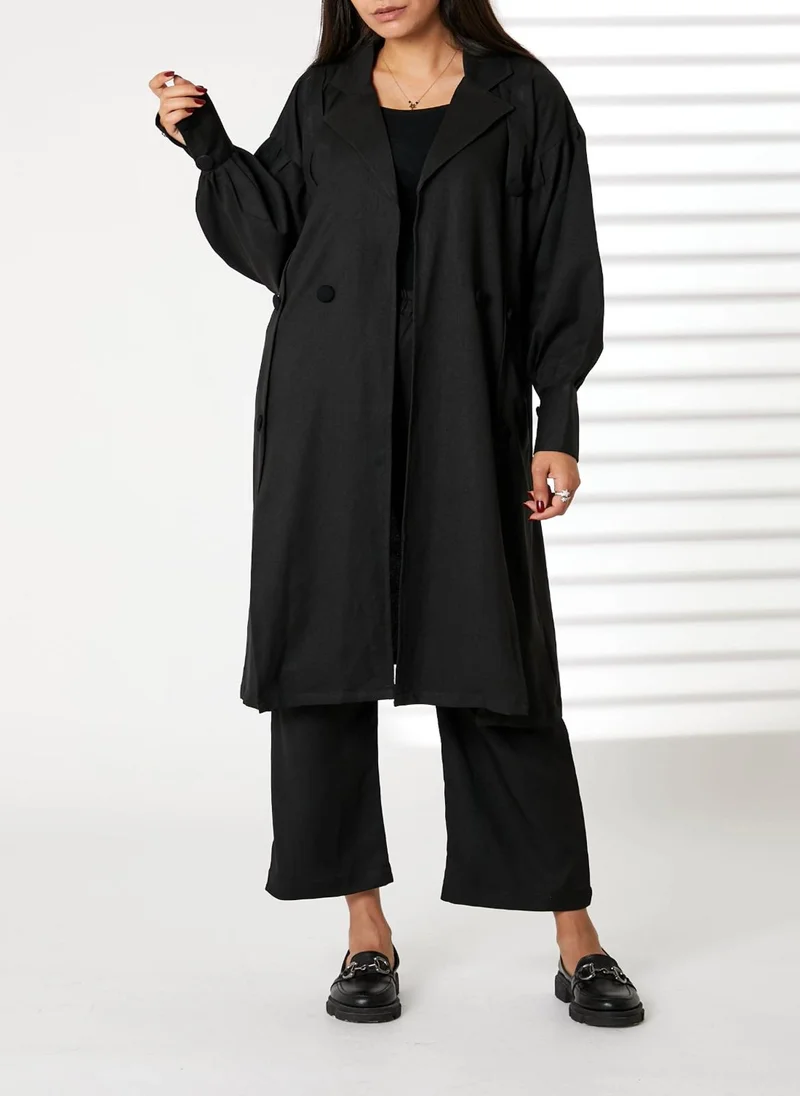 مويستريت MOiSTREET Black Mid Length Barbie Crepe Trench Coat Set