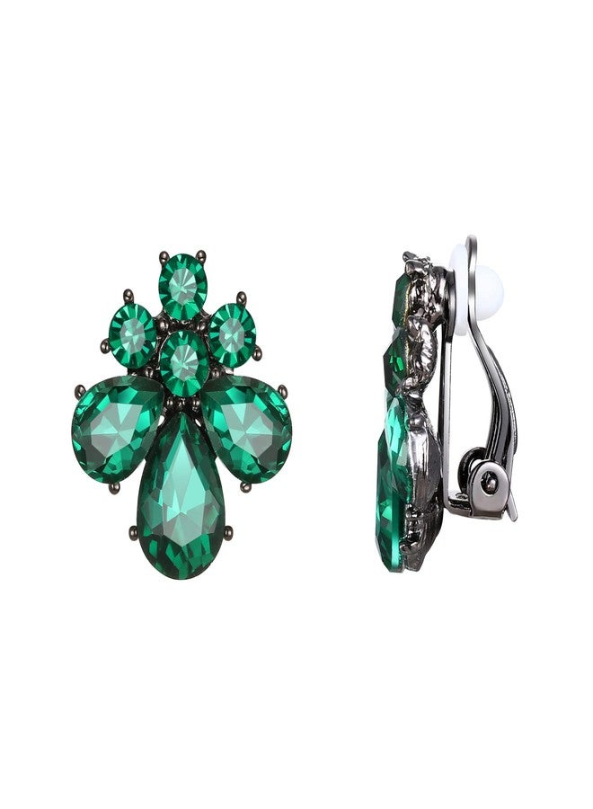 Flyonce Teardrop Clip-on Earrings for Women, Rhinestone Crystal Flower Clip On Stud Earring Green - Image 1
