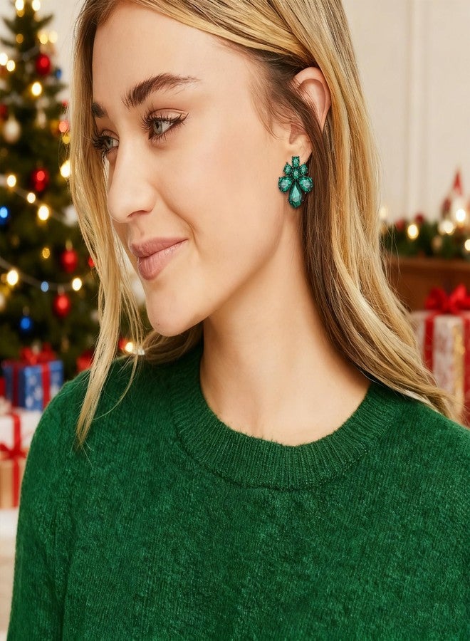 Flyonce Teardrop Clip-on Earrings for Women, Rhinestone Crystal Flower Clip On Stud Earring Green - Image 2