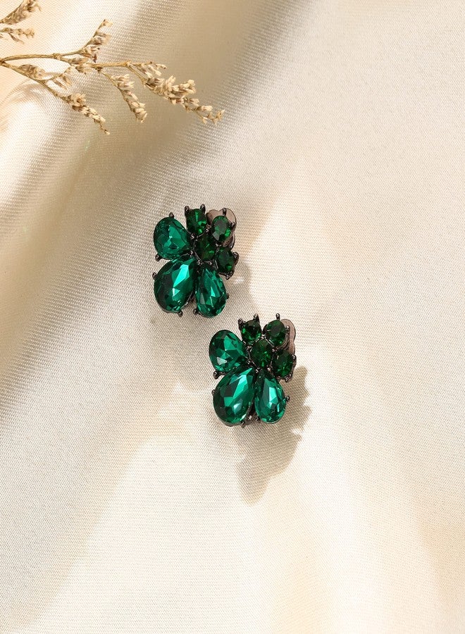 Flyonce Teardrop Clip-on Earrings for Women, Rhinestone Crystal Flower Clip On Stud Earring Green - Image 4