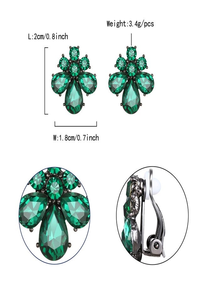 Flyonce Teardrop Clip-on Earrings for Women, Rhinestone Crystal Flower Clip On Stud Earring Green - Image 5