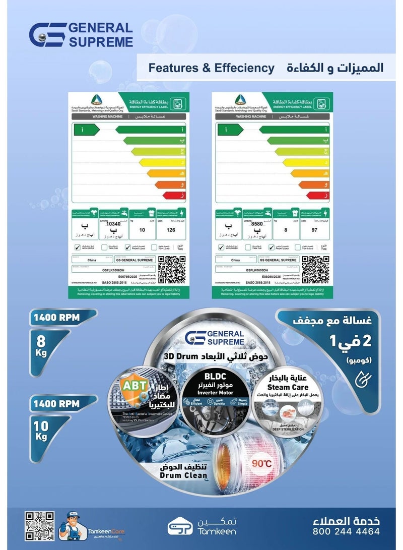 General Supreme Front Load Washer 10 kg Wash & 6 kg Dry – 15 Programs, Inverter Motor, Dark Silver.GSFLK1006DH - Image 5