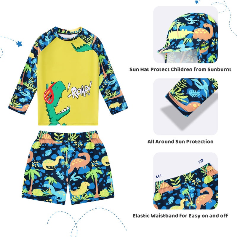 Redair Baby Boy UPF 50+ Rashguard Swimsuit 3PCS Long Sleeve Top and Compression Swim Shorts Swimwear Sets with Sun Hat 3t Dinosaur Pattern Bathing Suit Boy - Image 3