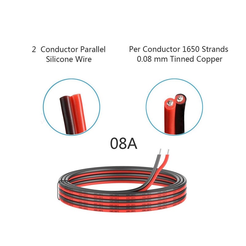 EvZ 8 Gauge Silicone Electric Wire, EvZ 33ft 8AWG Flexible 2 Conductor Parallel Cable, 2pin Red Black, High Temperature Resistant, Single Color LED Strip Extension - Image 2