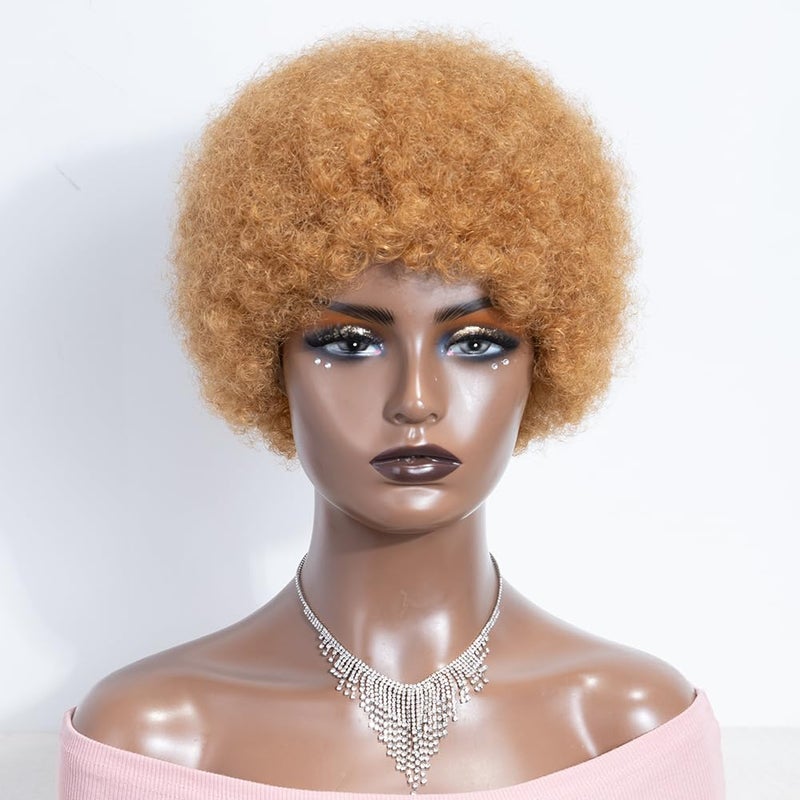 JOEDIR HAIR Short Afro Human Hair Wigs for Black Women Honey Blonde Afro Cruly Wig Soft and Bouncy Glueless Wig 130 Density Color 27