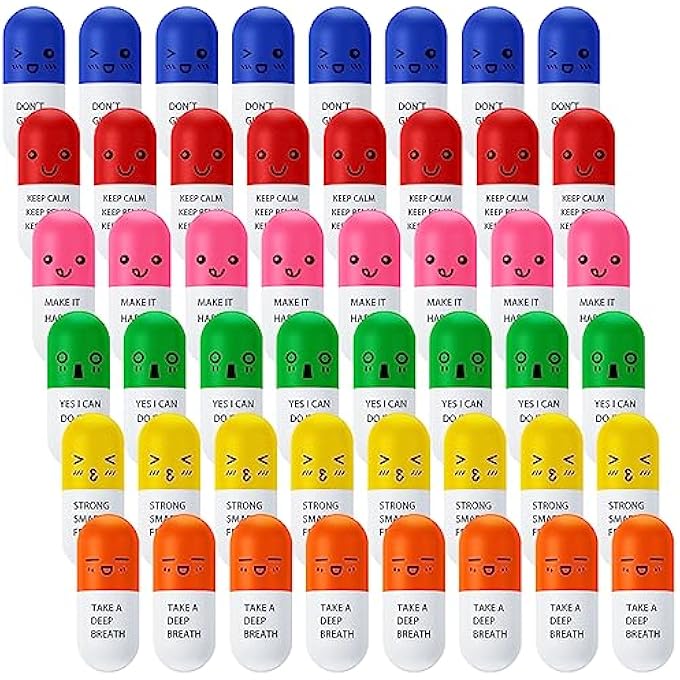 Woanger Vitamin Pill Stress Ball Pill Shaped Foam Ball Motivational Stress Ball for Teens Adults with Smiling Face Cute Cartoon Emotion Nursing Party Supplies for Medical School Graduation (48) - Image 1