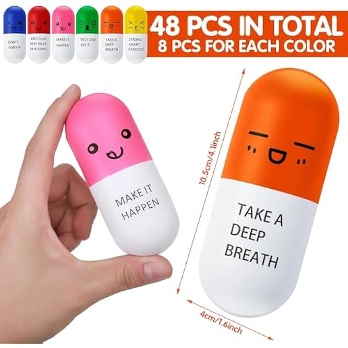 Woanger Vitamin Pill Stress Ball Pill Shaped Foam Ball Motivational Stress Ball for Teens Adults with Smiling Face Cute Cartoon Emotion Nursing Party Supplies for Medical School Graduation (48) - Image 2