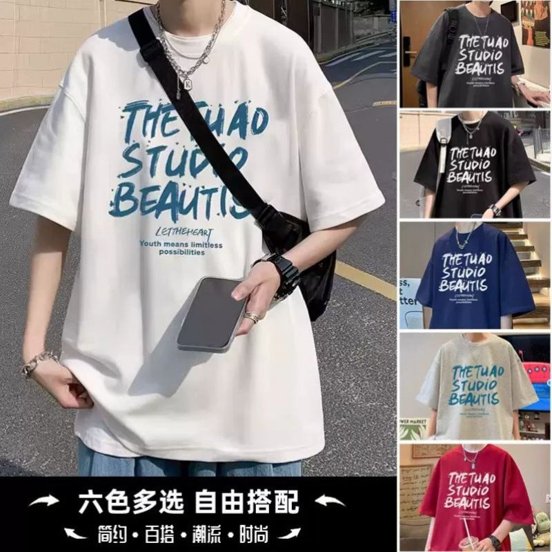 Alphabet Short-Sleeved Men'S Summer T-Shirt New American Style Fashion Brand Half-Sleeved Loose Heavy Cotton Top T-Shirt For Men - Image 3