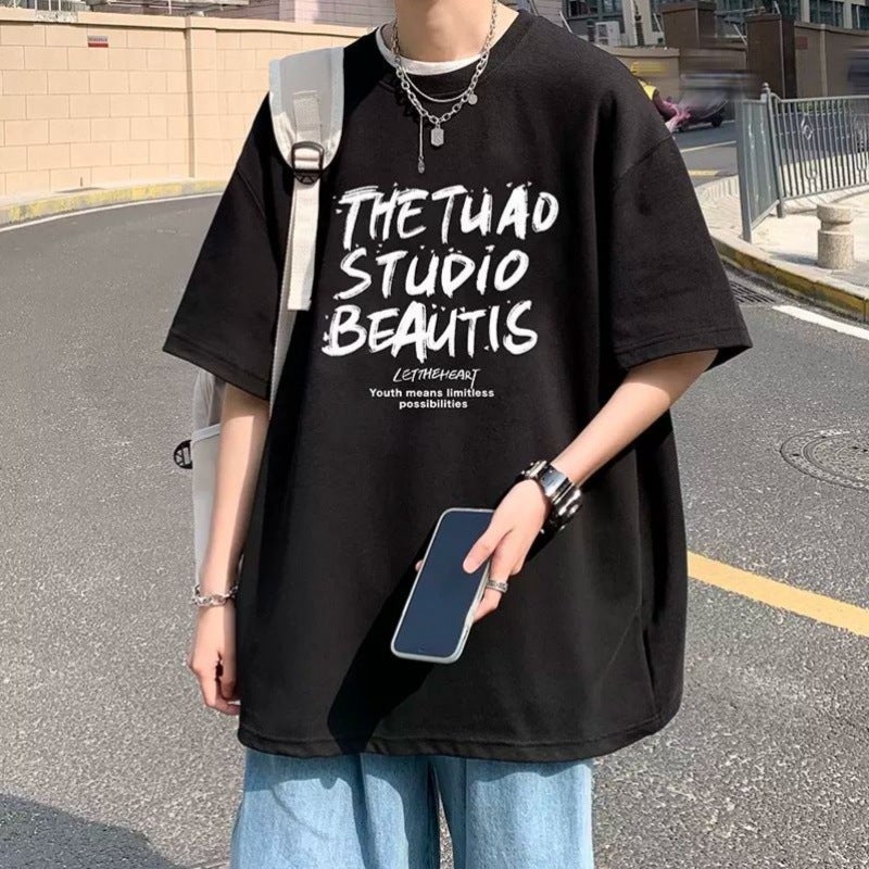 Alphabet Short-Sleeved Men'S Summer T-Shirt New American Style Fashion Brand Half-Sleeved Loose Heavy Cotton Top T-Shirt For Men - Image 2