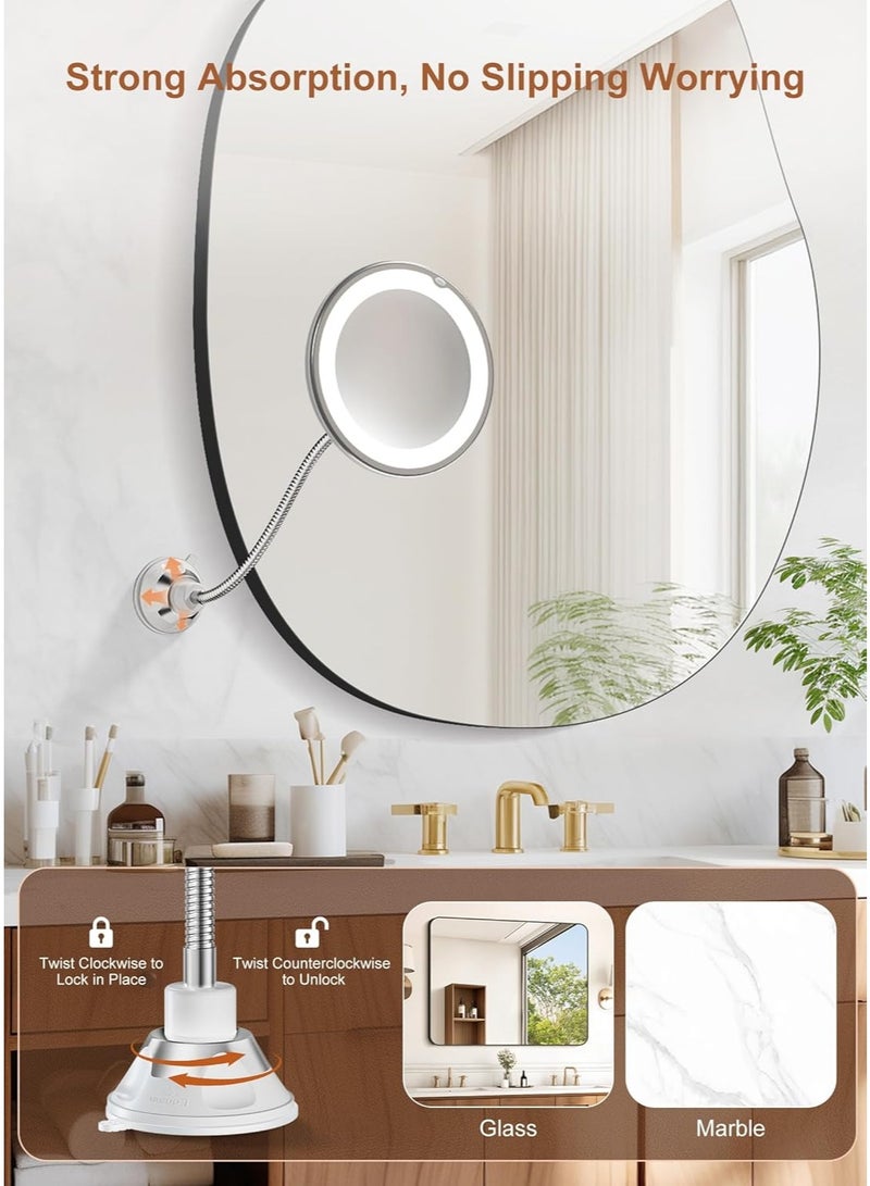 Flexible Mirror As Seen On TV, Wall Mounted Light Up 10x Magnifying Makeup Mirror with Light LED, Suction Cup, 360Ã‚° Swivel Flex Gooseneck for Bathroom Shaving Travel Vanity, Cordless - Image 3