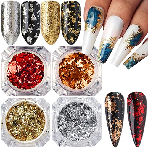 FUMIHIT Holographic Glitter Nail Foil Flakes 3D Sparkly Aluminum Foil Sequins Nail Art Supplies Rose Gold Red Silver Glitter Foils Flake Mirror Powder Nail Designs for Acrylic Nail Art Decoration (4Boxes) - Image 1