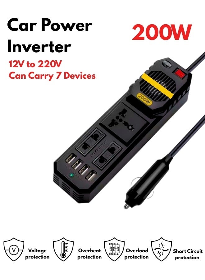 محول طاقة للسيارة بقوة 200 واط من تيار مستمر 12 فولت إلى تيار متردد 220 فولت - محول شاحن سيارة صغير الحجم مزود بأربعة منافذ USB - نظام حماية متعدد لشحن أجهزة الكمبيوتر المحمولة والهواتف والأجهزة الأخرى أثناء التنقل بأمان - Image 1
