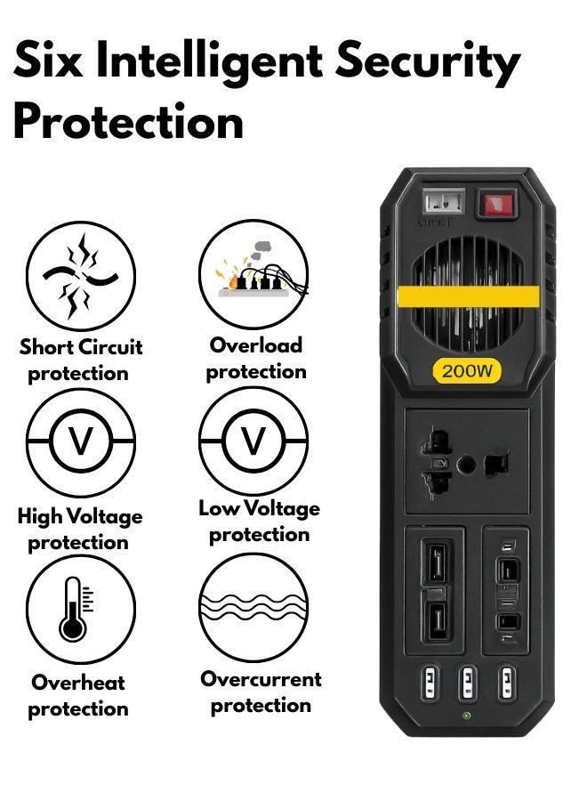 محول طاقة للسيارة بقوة 200 واط من تيار مستمر 12 فولت إلى تيار متردد 220 فولت - محول شاحن سيارة صغير الحجم مزود بأربعة منافذ USB - نظام حماية متعدد لشحن أجهزة الكمبيوتر المحمولة والهواتف والأجهزة الأخرى أثناء التنقل بأمان - Image 2