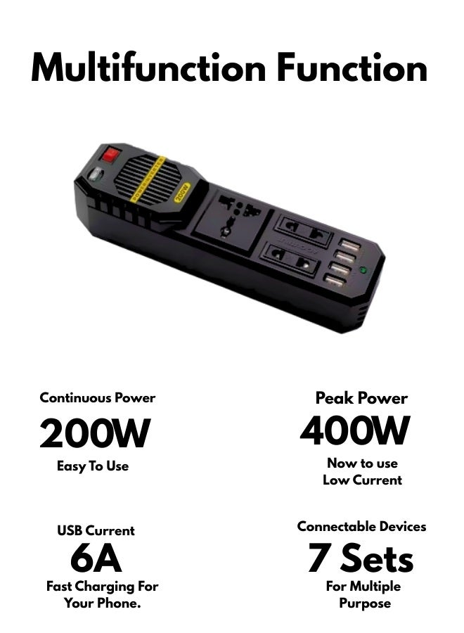 محول طاقة للسيارة بقوة 200 واط من تيار مستمر 12 فولت إلى تيار متردد 220 فولت - محول شاحن سيارة صغير الحجم مزود بأربعة منافذ USB - نظام حماية متعدد لشحن أجهزة الكمبيوتر المحمولة والهواتف والأجهزة الأخرى أثناء التنقل بأمان - Image 3