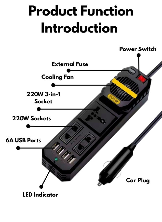 محول طاقة للسيارة بقوة 200 واط من تيار مستمر 12 فولت إلى تيار متردد 220 فولت - محول شاحن سيارة صغير الحجم مزود بأربعة منافذ USB - نظام حماية متعدد لشحن أجهزة الكمبيوتر المحمولة والهواتف والأجهزة الأخرى أثناء التنقل بأمان - Image 5