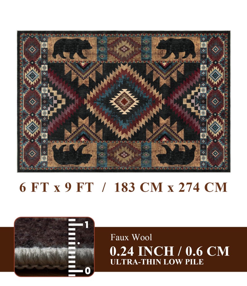 YIHOUSE Rustic Cabin Area Rug for Bedroom 6x9,Machine Washable Lodge Bear Rug,Non-Slip Low Pile Print Pattern Western Rug for Living Room - Image 2