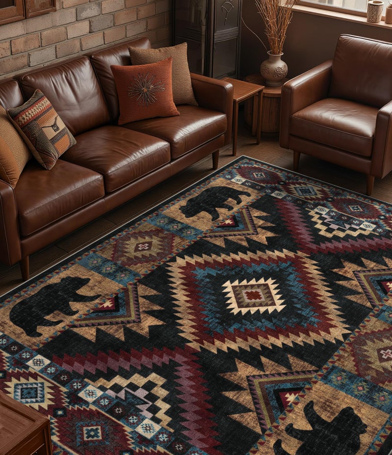 YIHOUSE Rustic Cabin Area Rug for Bedroom 6x9,Machine Washable Lodge Bear Rug,Non-Slip Low Pile Print Pattern Western Rug for Living Room - Image 1