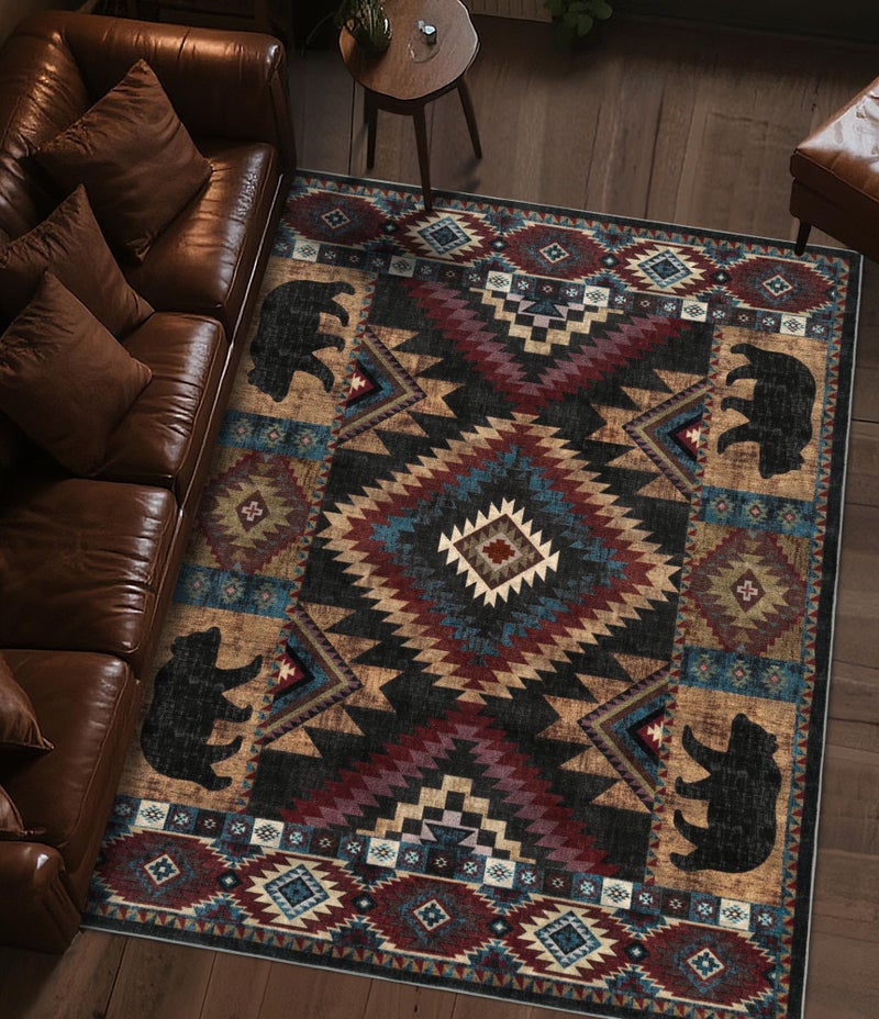 YIHOUSE Rustic Cabin Area Rug for Bedroom 6x9,Machine Washable Lodge Bear Rug,Non-Slip Low Pile Print Pattern Western Rug for Living Room - Image 3