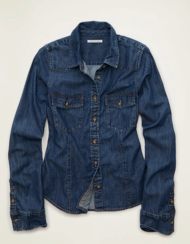 American Eagle  AE Fitted Denim Button-Up Shirt for Women | Best Price UAE