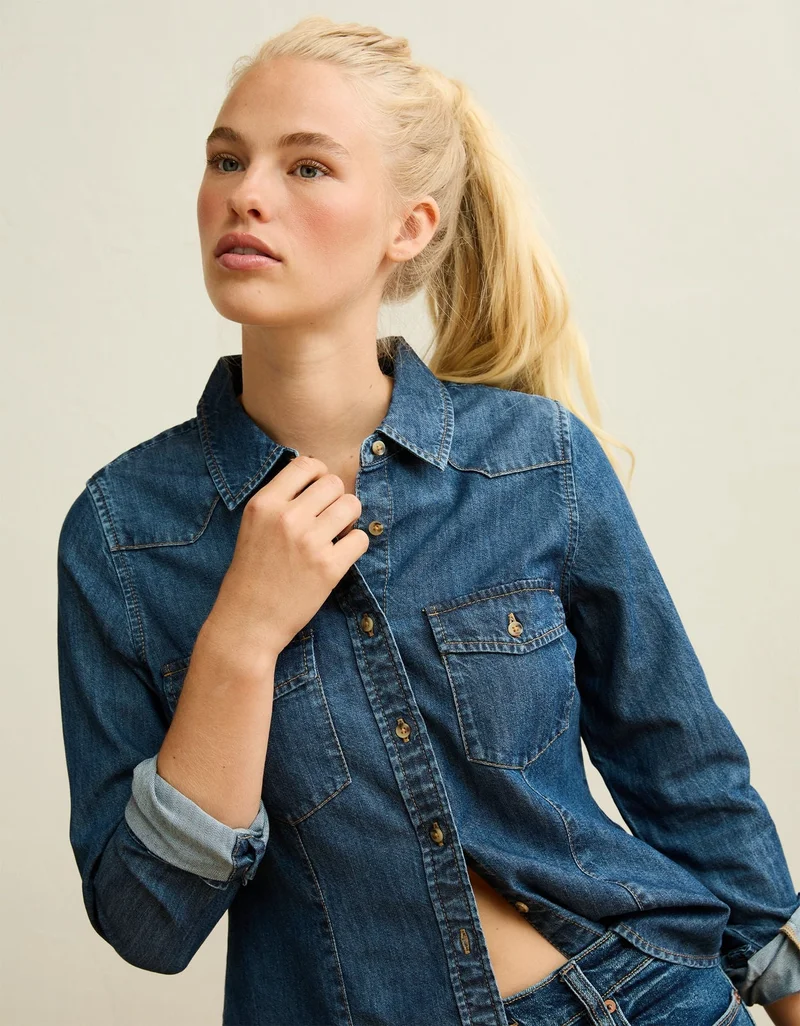 American Eagle  AE Fitted Denim Button-Up Shirt for Women | Best Price UAE