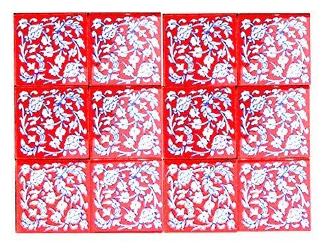 Shiv Kripa Blue Pottery Home Decorative Tile Ceramic High Lighter Wall Kitchen Tiles 2 x 2 Inch Set of 12 Tiles Red Multi