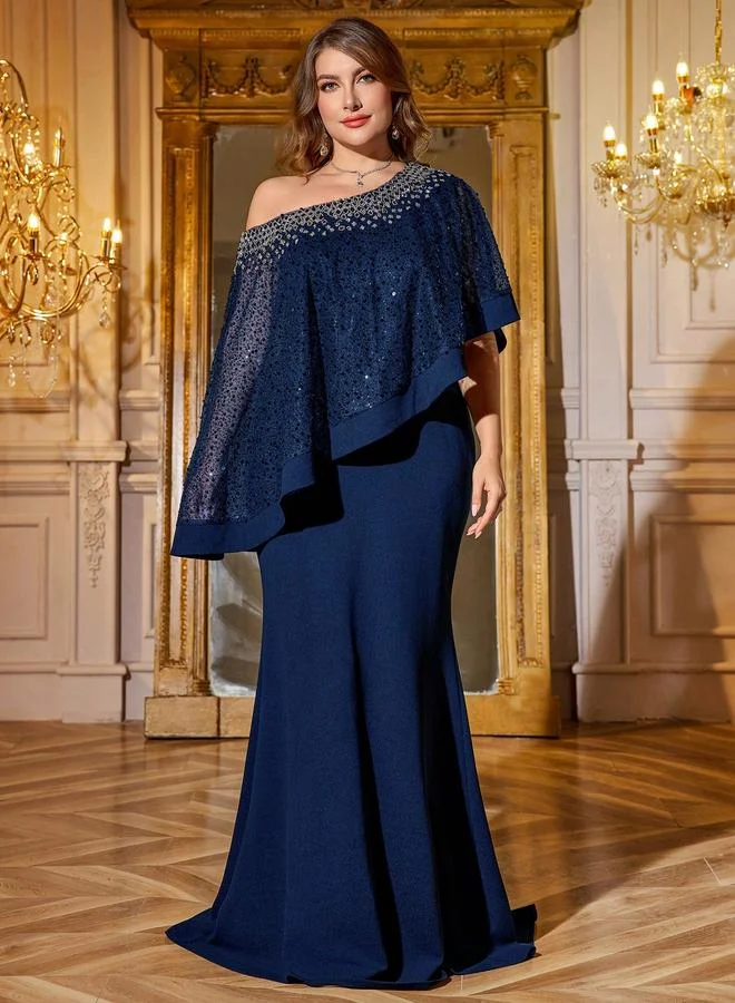 Supgir Plus Size Nave Blue Beaded Shoulder Mermaid Maxi Dress