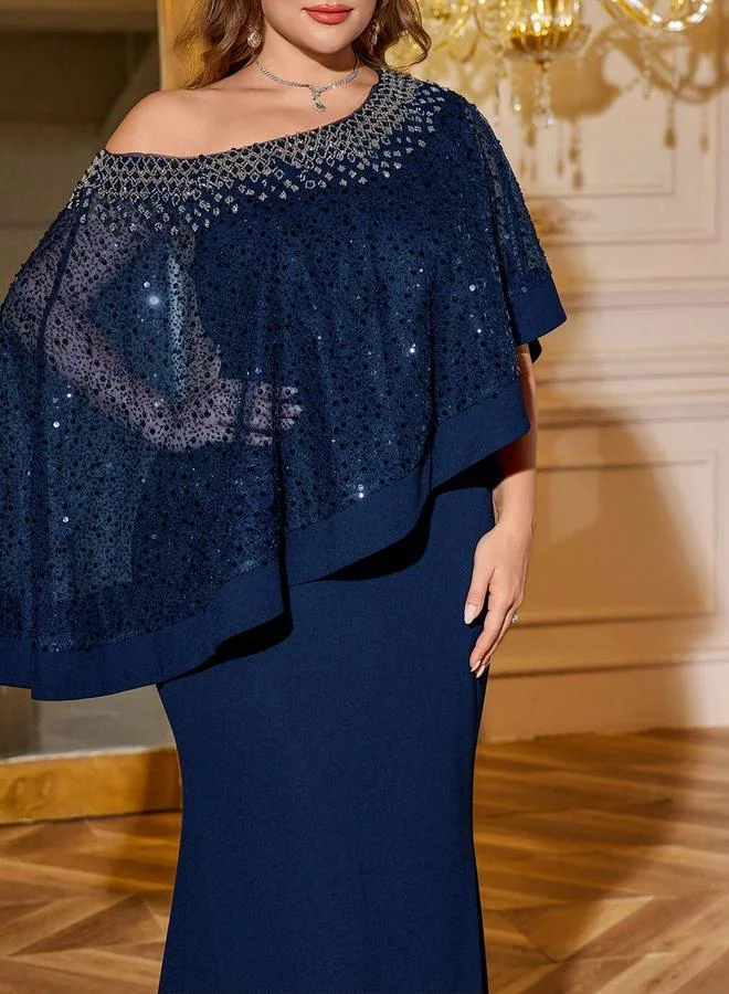Supgir Plus Size Nave Blue Beaded Shoulder Mermaid Maxi Dress