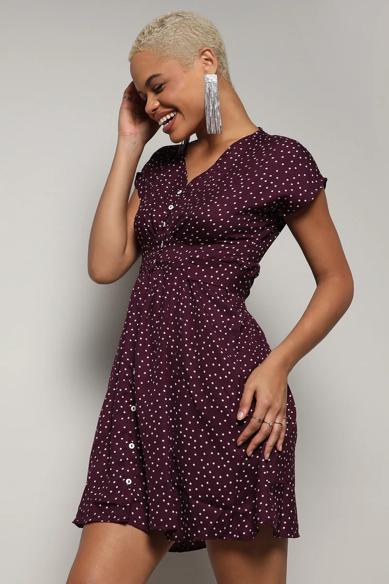 Pinacolada  Women's Burgundy Red Polka Dot Dress for Women | Best Price UAE