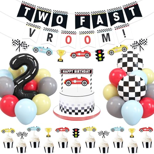 Bessmoso Vintage Two Fast Birthday Race Car Party Decorations Supplies Racing Theme 2nd Birthday Banner Cake Topper Checkered Flags Number Balloons for Lets go Racing Theme Sports Event Party Decor - Image 1