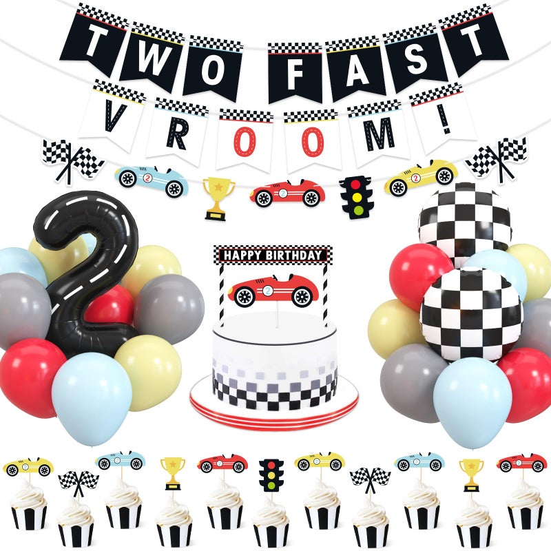 Bessmoso Vintage Two Fast Birthday Race Car Party Decorations Supplies Racing Theme 2nd Birthday Banner Cake Topper Checkered Flags Number Balloons for Lets go Racing Theme Sports Event Party Decor - Image 2