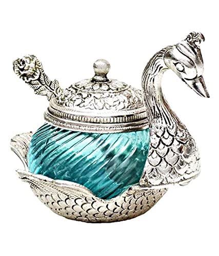 Motor Wings Decorative Swan Sugar Bowl with Lid Antique Silver Finish Blue Glass Container Vintage Style - Image 2