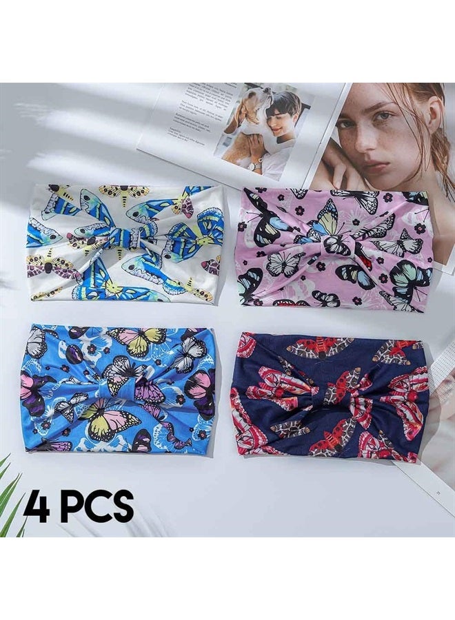 Boho Butterfly Headbands Stretch Knotted Hairbands Floral Printed Hair Bands Elastic Turban Head Wraps Wide Head Bands for Women and Girls Pack of 4 (Butterfly C)