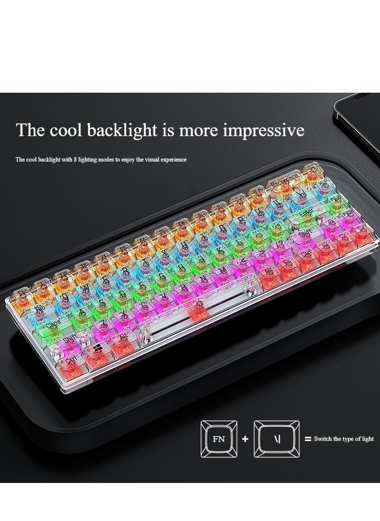 T-WOLF Transparent Gaming Keyboard,68 Keys USB Wired Mechanical Keyboard with Transparent PBT Keycaps and RGB Side Light for Office Gaming,Suitable for PC/Ps4/Xbox Gamers,Red Switch - Image 2