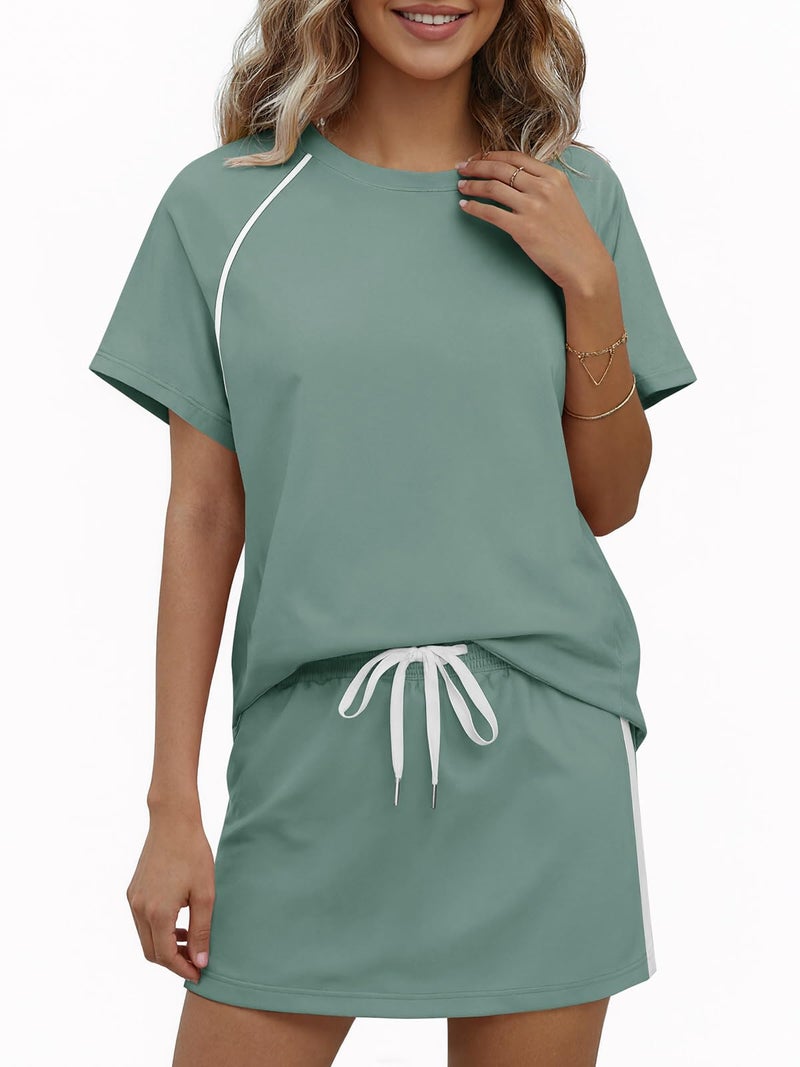 Yousify Womens 2 Piece Skirt Sets Summer Short Sleeve Tops and Tennis Skort Lounge Set Vacation Workout Matching Outfits - Image 2