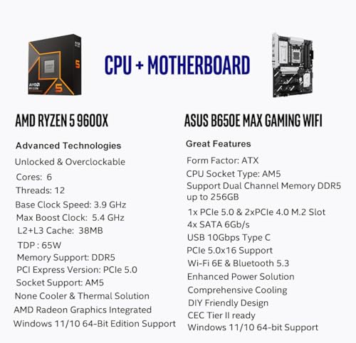 Micro Center مركز ميكرو AMD Ryzen 5 9600X معالج CPU مع حزمة ASUS B650E MAX للألعاب مع واي فاي AM5 ATX (DDR5, PCIe 5.0, 3X M.2, Wi-Fi 6E) - Image 2