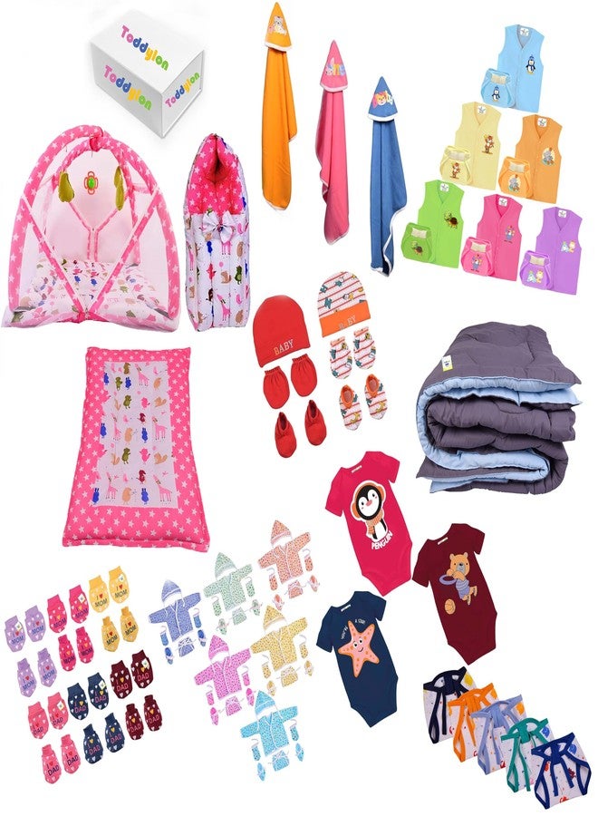 Toddylon 79 in 1 New Born Baby Products All Complete Daily Essentials Combo for Baby Boys & Baby Girls | Gift Packs | Bedding & Clothing | Hospital Kit | Baby Shower (0-6 Months) Pink - Image 1