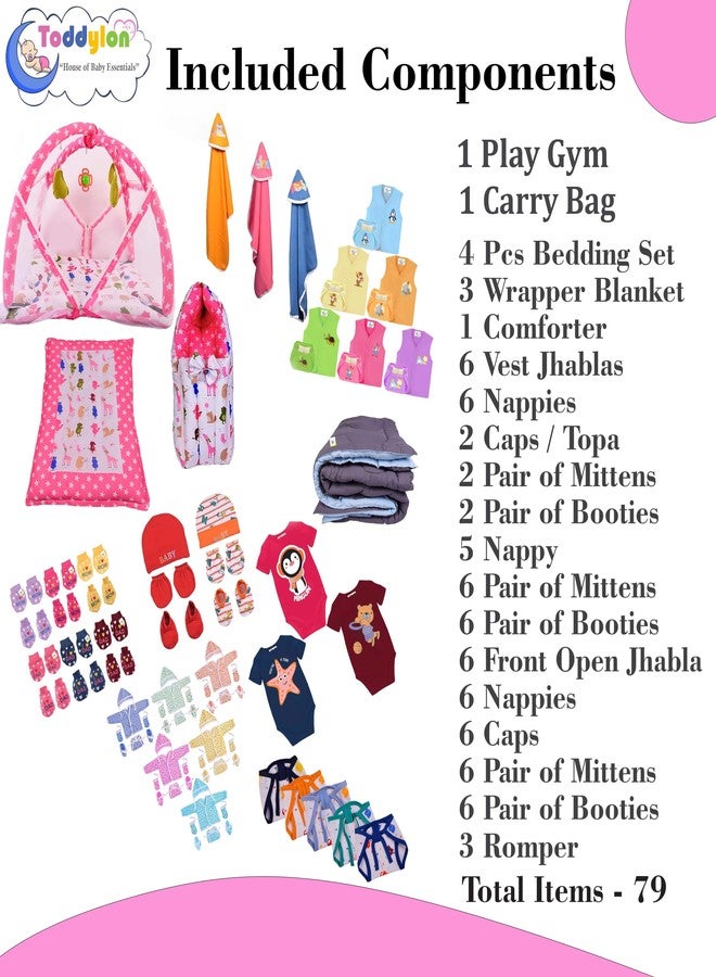 Toddylon 79 in 1 New Born Baby Products All Complete Daily Essentials Combo for Baby Boys & Baby Girls | Gift Packs | Bedding & Clothing | Hospital Kit | Baby Shower (0-6 Months) Pink - Image 3