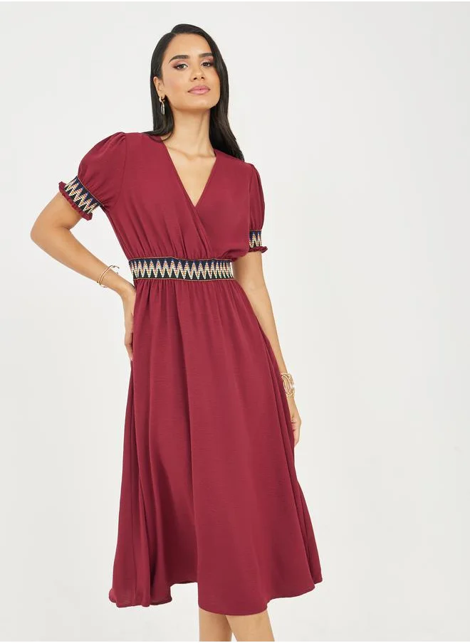 ستايلي Embroidered V Neck A-line Midi Dress
