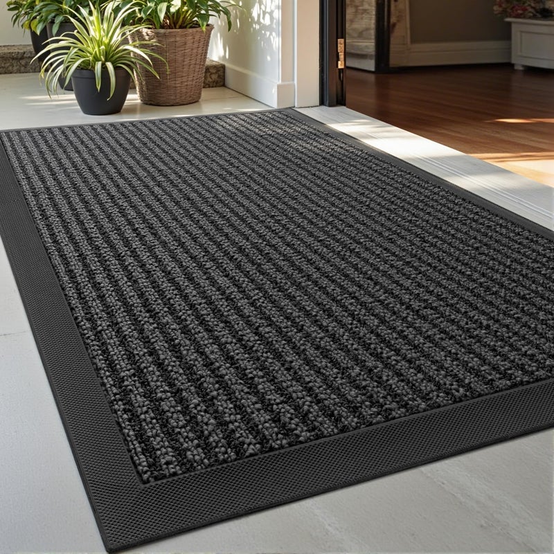 DEXI Front Door Mat Outside Entrance, 50 x 80 cm, Heavy Duty Rubber Doormat, Stain and Fade Resistant, Low Profile, Easy Clean for Patio Entryway, Striped Grey - Image 1