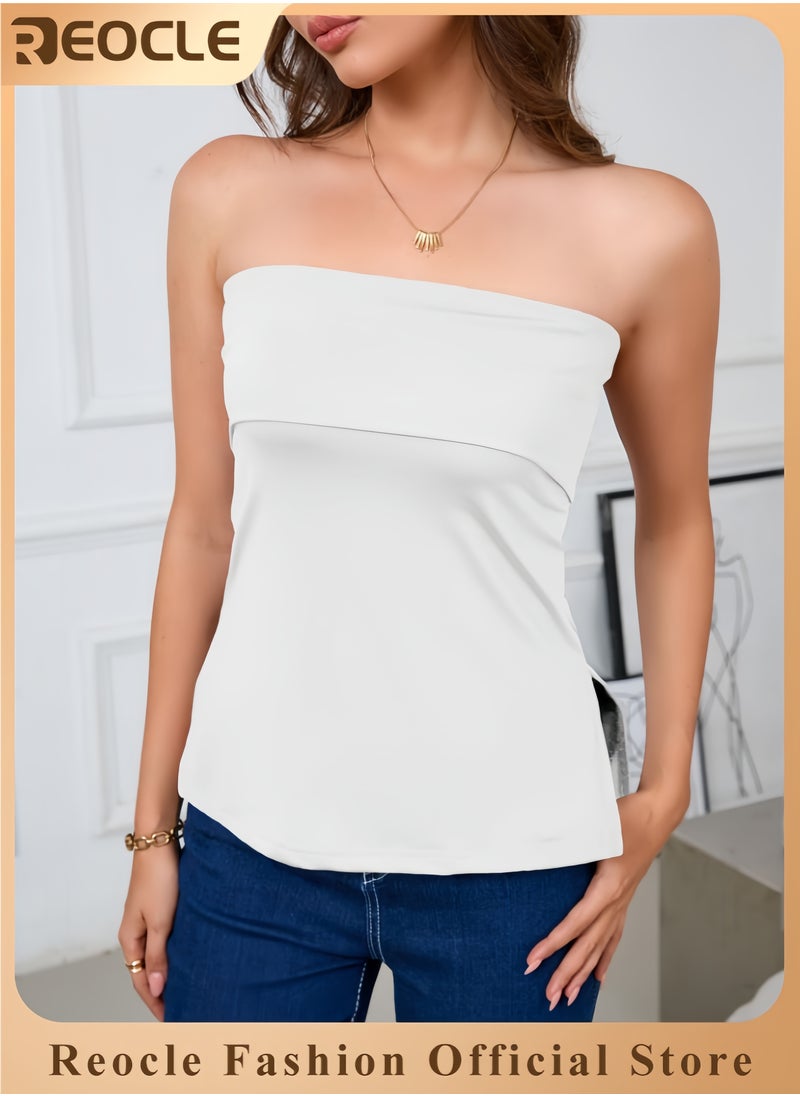 REOCLE - Women's Sexy Tube Tops Off Shoulder Strapless Bandeau Top Side Split Y2K Going Out Trendy Outfits - Image 1