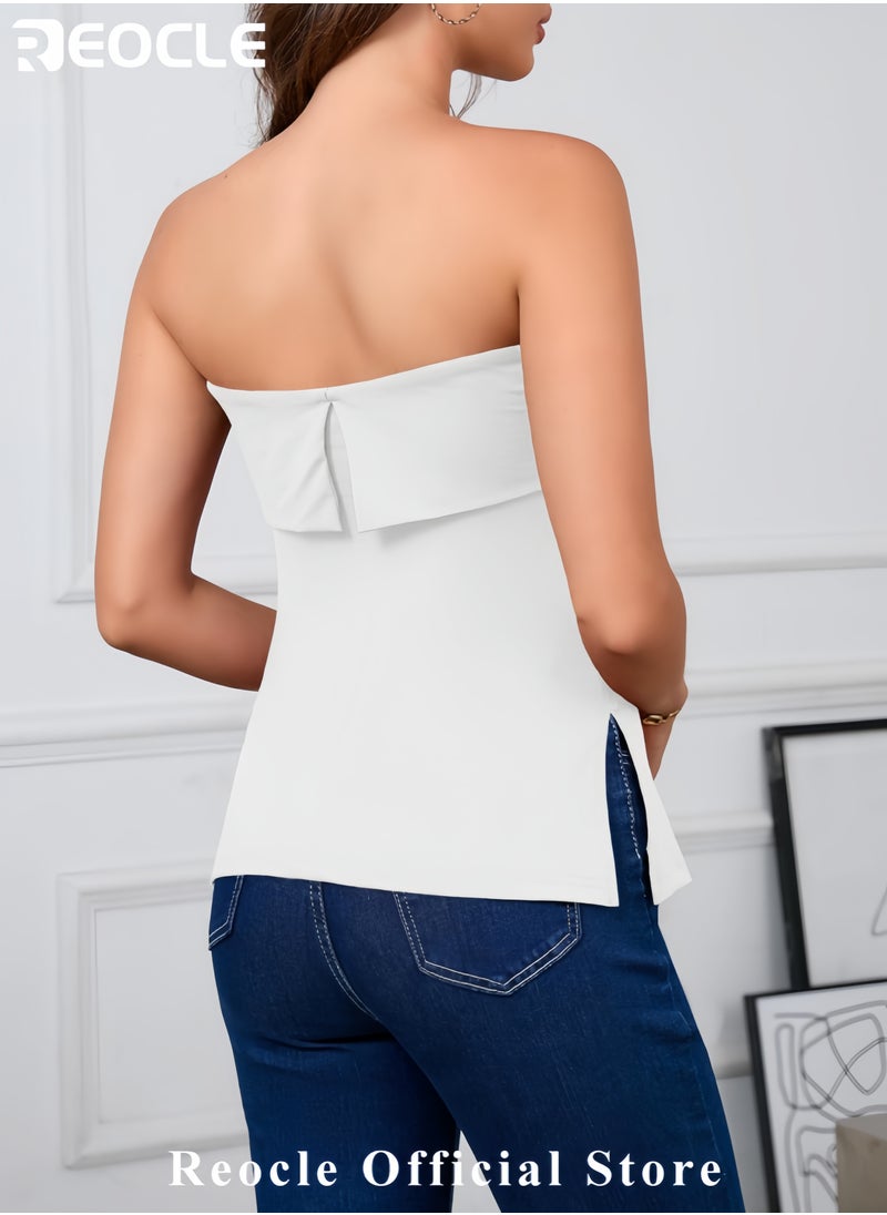 REOCLE - Women's Sexy Tube Tops Off Shoulder Strapless Bandeau Top Side Split Y2K Going Out Trendy Outfits - Image 1
