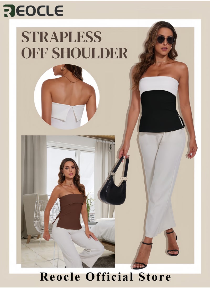 REOCLE - Women's Sexy Tube Tops Off Shoulder Strapless Bandeau Top Side Split Y2K Going Out Trendy Outfits - Image 1