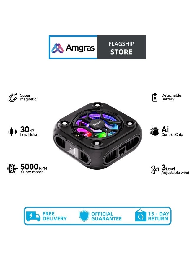 Amgras IceWorld Ultra2 Mobile Phone Cooling Radiator, Magnetic Back Clip 2-in-1 Cooler Fan Heat Sink for Smartphone Gaming, Live Streaming & Fast Cooling