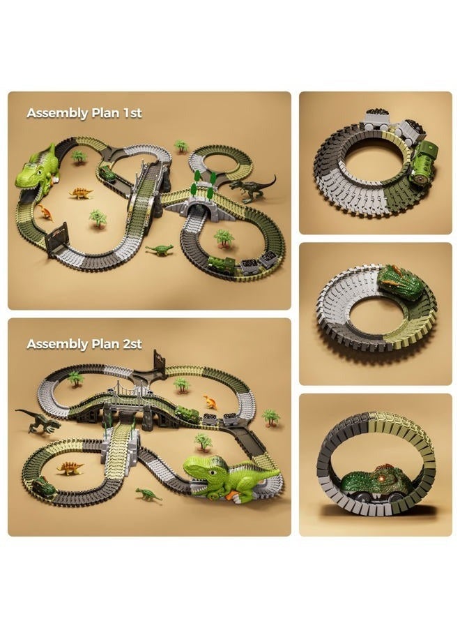 Bukela Dinosaur Toys Race Track, 281 Pcs Dinosaur Train Set for Kids 3-5 5-7, Flexible Train Tracks with 4 Dinosaurs Figures, 2 Electric Race Cars with Light, Create A Dinosaur Road Race for Toddlers - Image 3