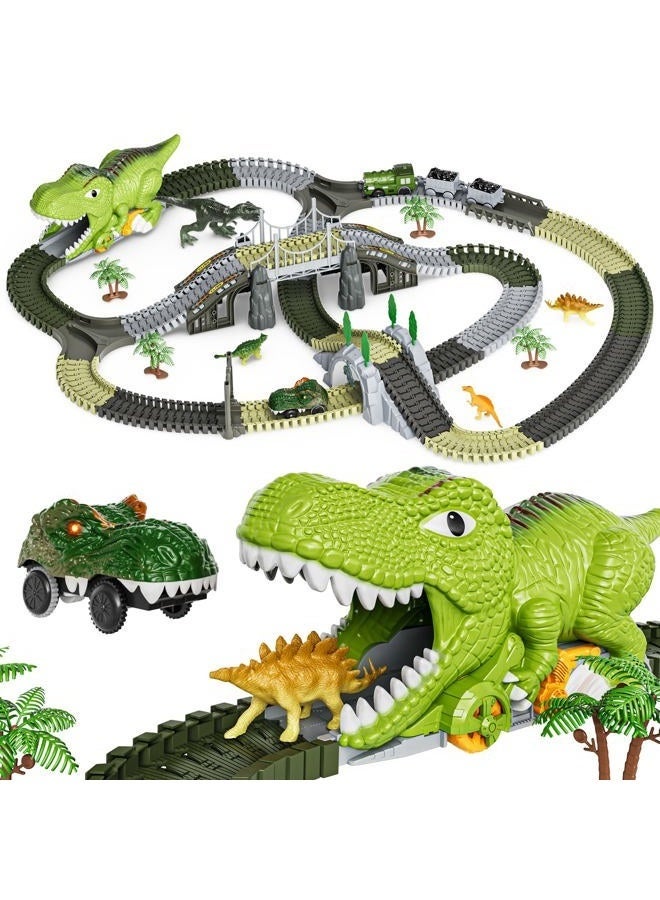 Bukela Dinosaur Toys Race Track, 281 Pcs Dinosaur Train Set for Kids 3-5 5-7, Flexible Train Tracks with 4 Dinosaurs Figures, 2 Electric Race Cars with Light, Create A Dinosaur Road Race for Toddlers - Image 1