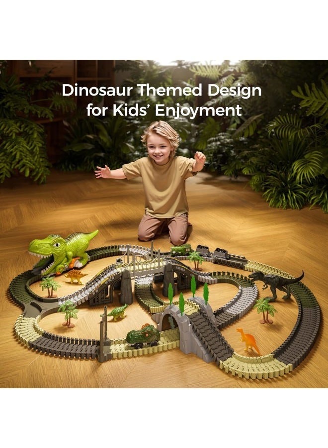 Bukela Dinosaur Toys Race Track, 281 Pcs Dinosaur Train Set for Kids 3-5 5-7, Flexible Train Tracks with 4 Dinosaurs Figures, 2 Electric Race Cars with Light, Create A Dinosaur Road Race for Toddlers - Image 4