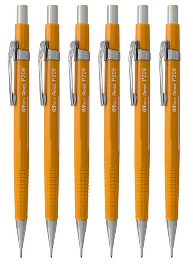 Pentel 0.9mm (P209) Yellow P200 Series Automatic Mechanical Draughting Pencil Refillable Lead Eraser P209-G (Pack Of 6) - Image 1