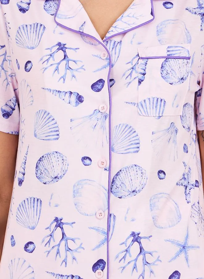 Styli Shell Print Piped Detail Shirt and Pyjama Set